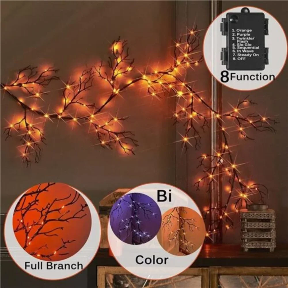 6FT Halloween Garland w/ 120 Orange & Purple Lights-8 Functions,Battery Operated
